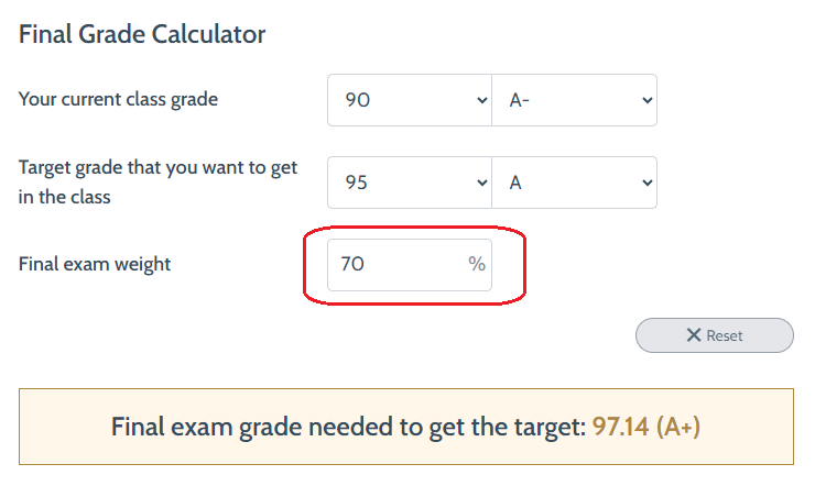 step 3 in the final grade calculation process is setting the weight of your final exam